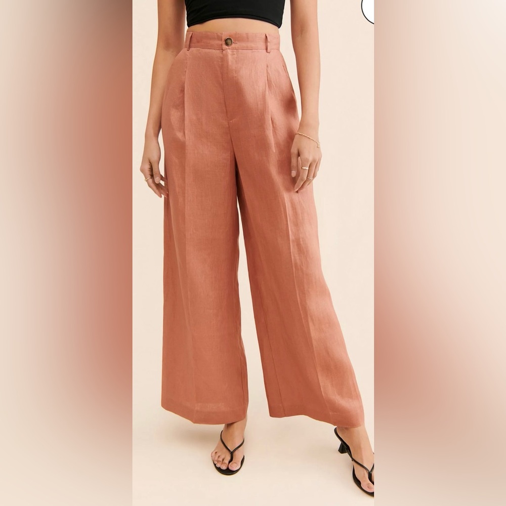 MinkPink 100% Linen Dylan Wide Leg Pants Pink High Ankle Crop Pleated 32 Waist
